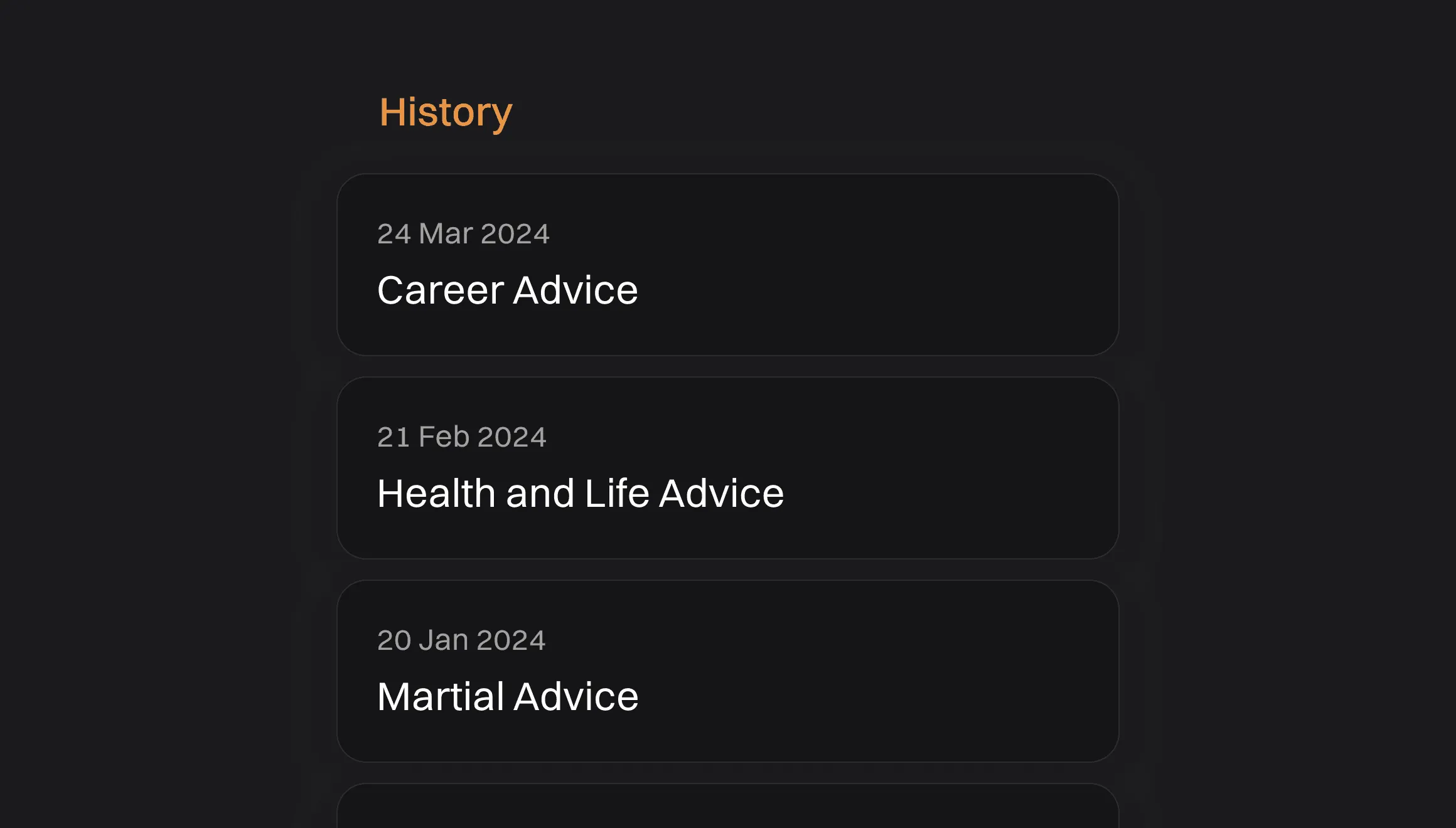 List of past chat sessions with dates and topics